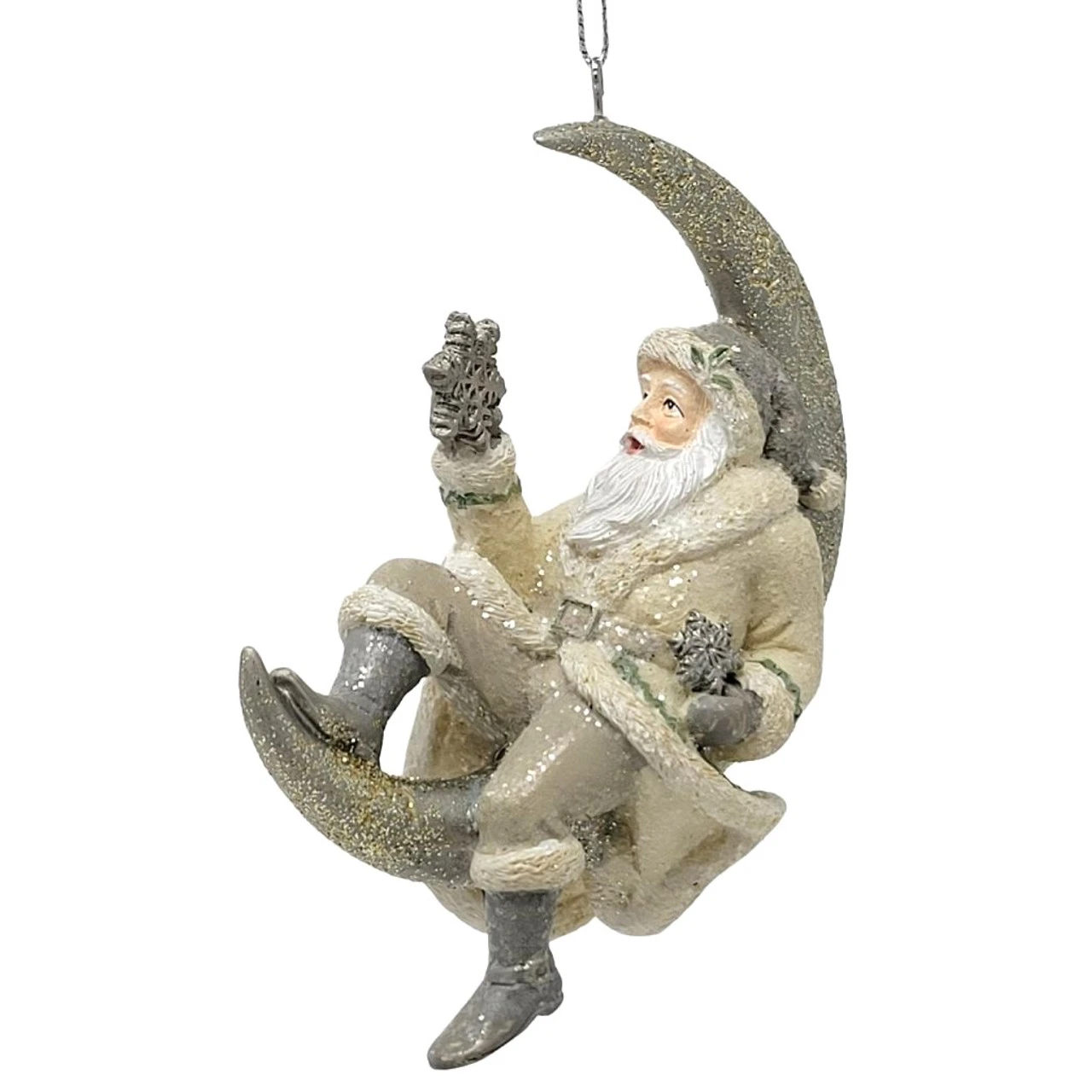 Kurt Adler Glittered Santa With Snowflake On Moon Ornament 3 Kurt Adler Glittered Santa With Snowflake On Moon Ornament