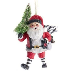 Kurt Adler Gingham Holiday Santa With Tree Ornament