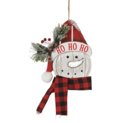 Wood Snowman Wearing Red Hat Ornament