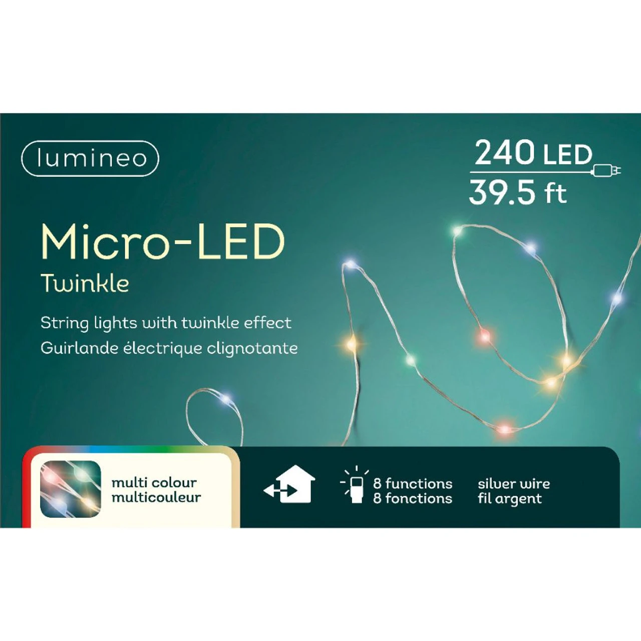 Lumineo 240 Micro-LED Multi Color Twinkle Lights Silver Wire
