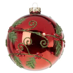 Red And Green Holly Ball Glass Ornament