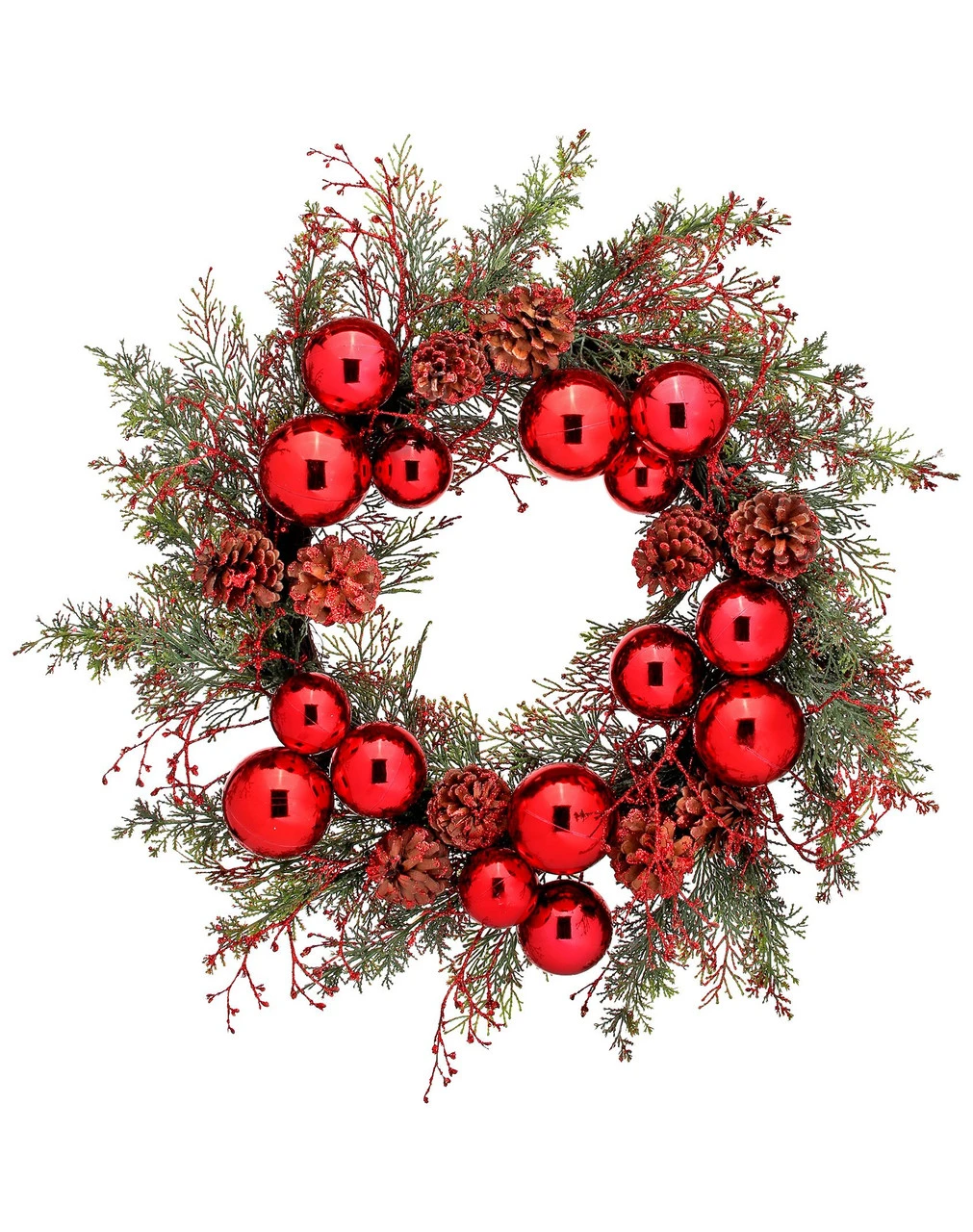24" Red And Green Glittered Cedar With Balls And Cones Wreath 3 24" Red And Green Glittered Cedar With Balls And Cones Wreath