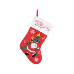 16" Christmas Stocking With Santa Dancing Around A Tree Embroidered