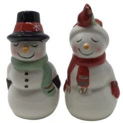 Merry Mistletoe Snowman Couple Salt & Pepper Set -Finest Christmas Decoration 642881A Merry Mistletoe Snowman Couple Salt Pepper Set faces 20442.1647283532