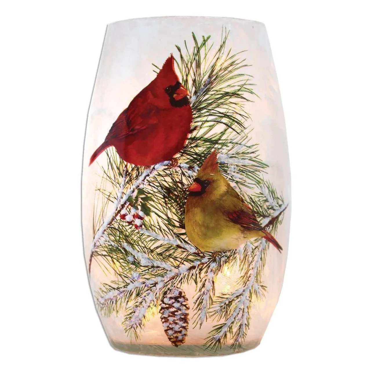 Small Christmas Cardinals Lit Glass Vase 3 Small Christmas Cardinals Lit Glass Vase