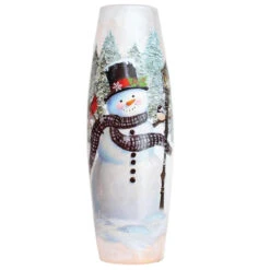 Large Snowman At Lamp Post Lit Glass Vase