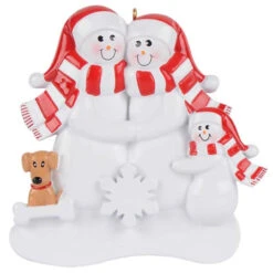 Personalized Snow Family Of 3 With Tan Dog Ornament