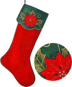 25" Red And Green Velvet Embroidered Poinsettia And Holly Christmas Stocking