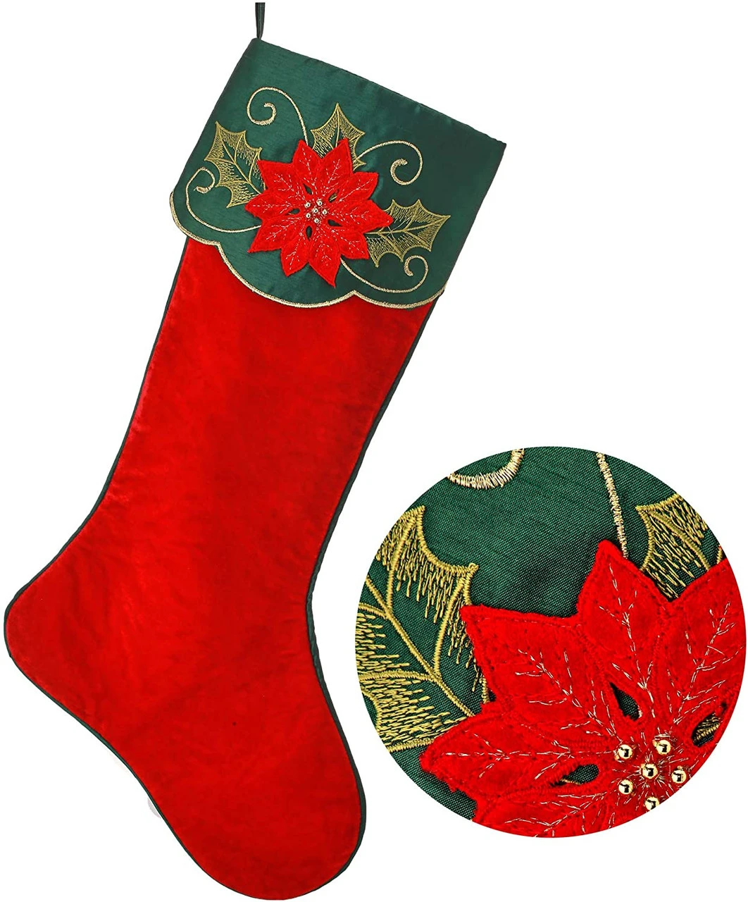 25" Red And Green Velvet Embroidered Poinsettia And Holly Christmas Stocking 3 25" Red And Green Velvet Embroidered Poinsettia And Holly Christmas Stocking