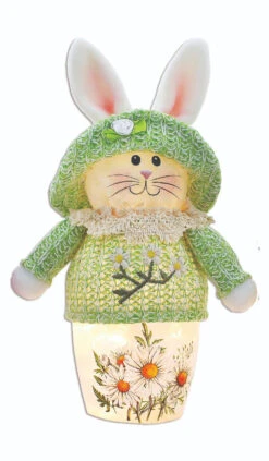 Stony Creek - Vase Shaped Decorative Light - Hand-Painted Daisy Flower With A Fabric Rabbit Sitting On Top