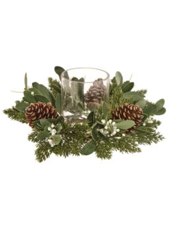 14" X 3" Mistletoe Cedar Wood Cone Glass Candle Holder