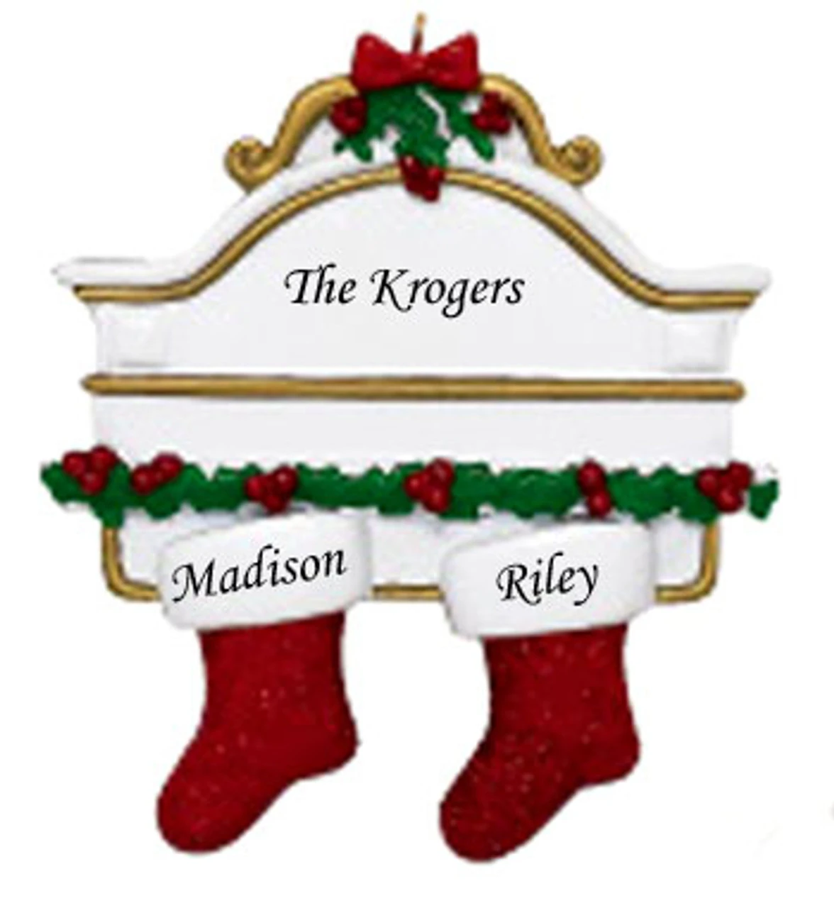 Personalized White Mantle With 2 Red Stockings Ornament 3 Personalized White Mantle With 2 Red Stockings Ornament
