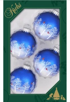 Set Of 4 Winter Trees With Cardinals Glass Ornaments