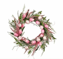 Spring And Easter Wreath Decorated With Pink & White Eggs And Tulips