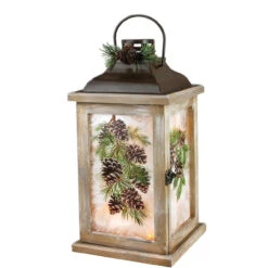 Stony Creek Distressed Wooden Lantern Light With Pine Trees And Cones