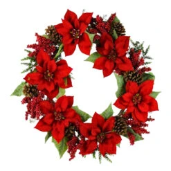 30" Wreath With Poinsettias, Berries, And Pinecones