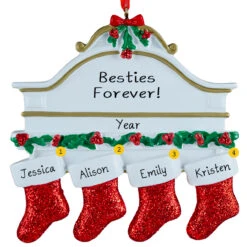 Personalized White Mantle With 4 Red Stockings Ornament