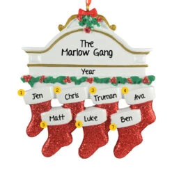 Personalized White Mantle With 7 Red Stockings Ornament