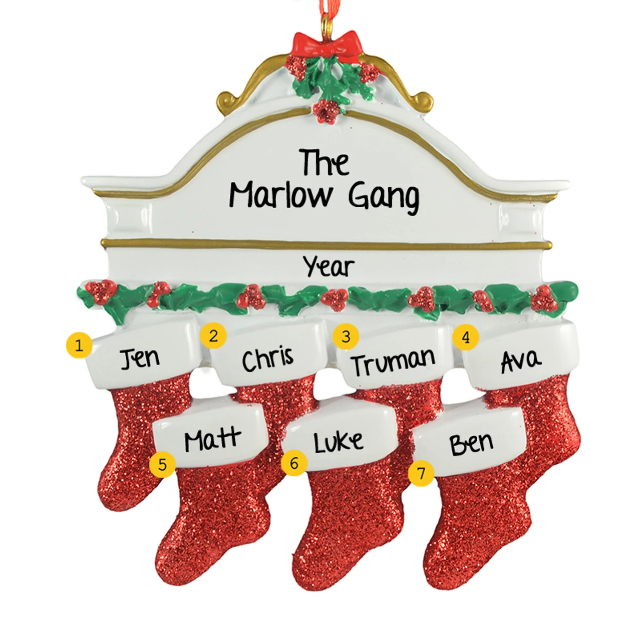 Personalized White Mantle With 7 Red Stockings Ornament 3 Personalized White Mantle With 7 Red Stockings Ornament